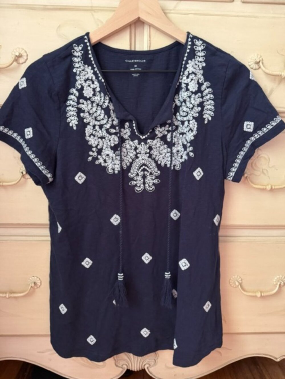 Charter Club Women's Navy & White 100% Cotton Tunic with Tassels- size medium